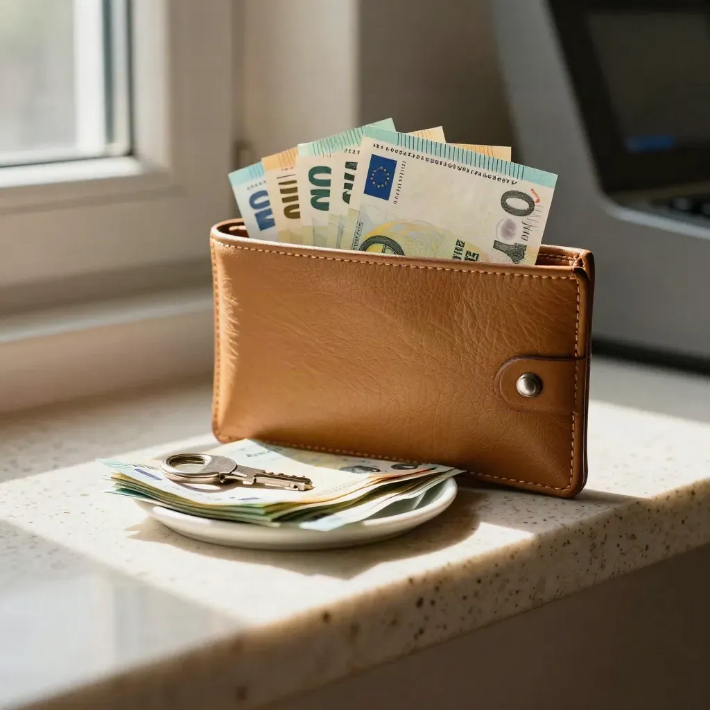 Euro and Canadian banknotes with a travel wallet beside a small ceramic dish on a travertine ledge.