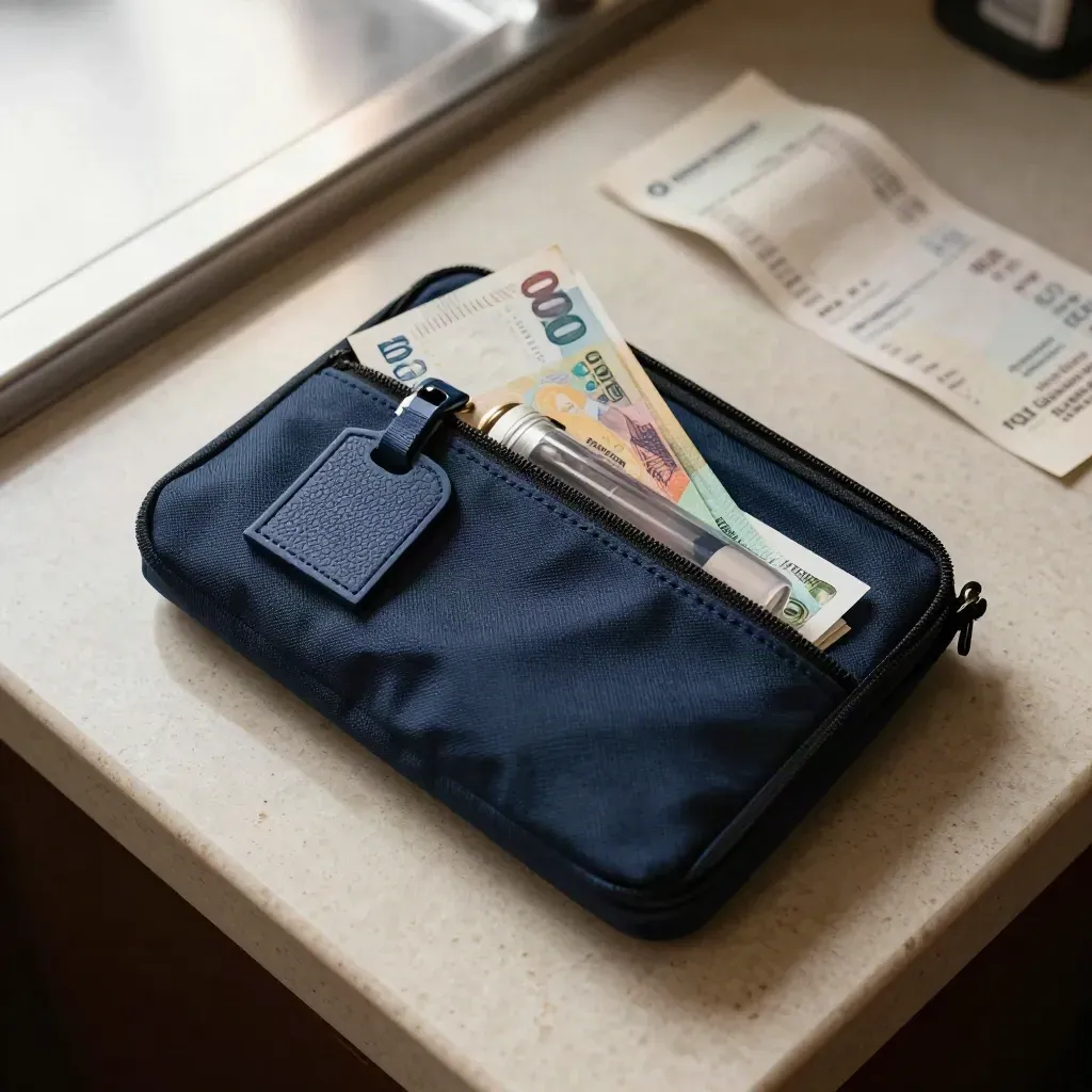 Top-down travel cash pouch with mixed banknotes, luggage tag and coin tube on travertine.
