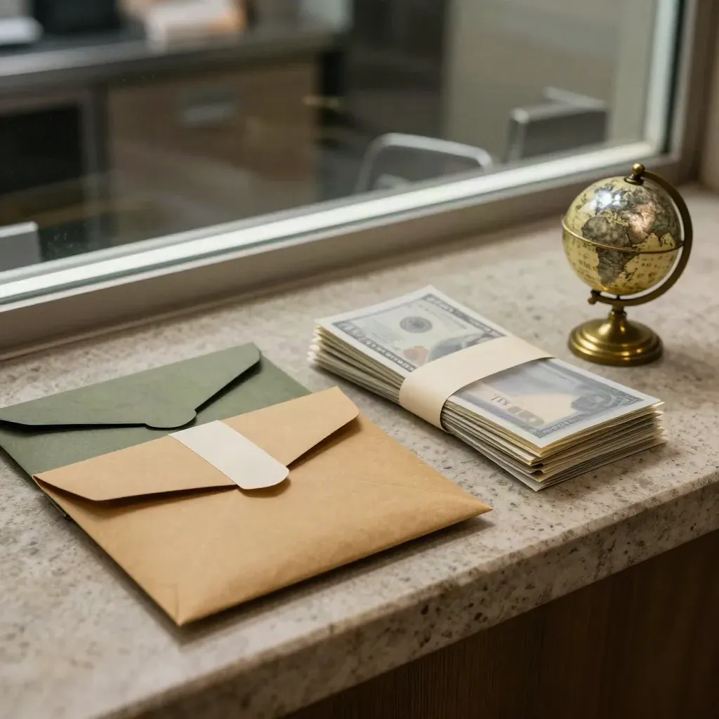 Sealed remittance envelopes, currency bundles, and a brass globe on limestone.