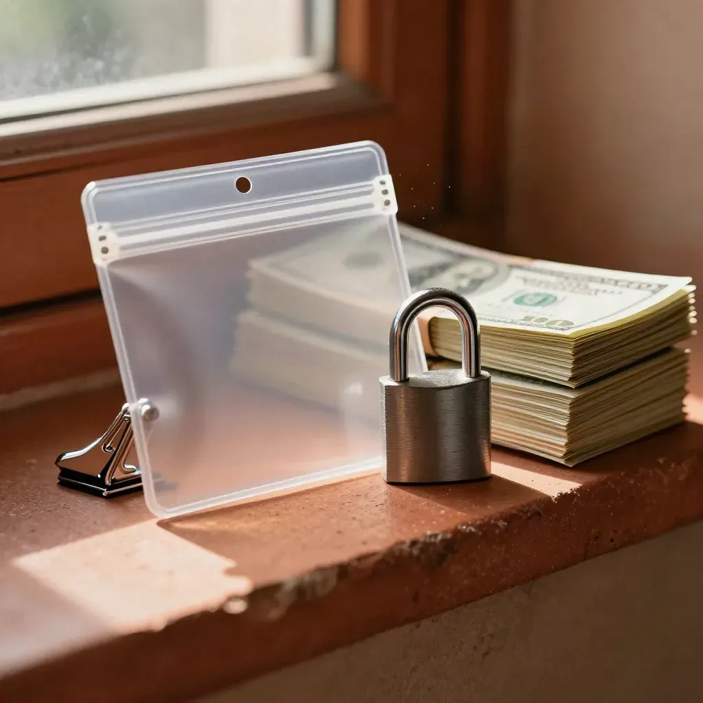 Acrylic clip locking a quote pouch beside a padlock and cash stacks on a warm stone ledge.