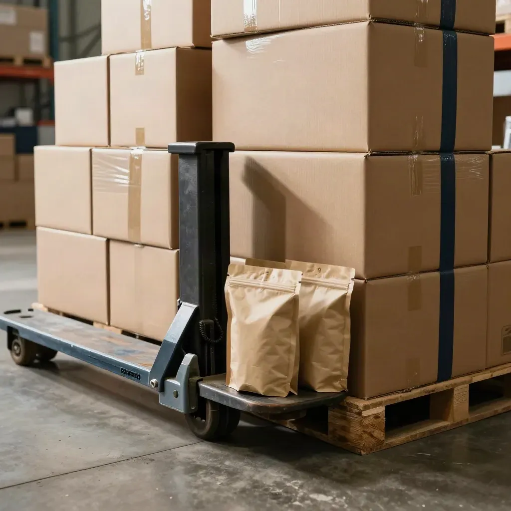 Stacked cartons, pallet jack fork, and sealed pouches in a warm warehouse aisle.