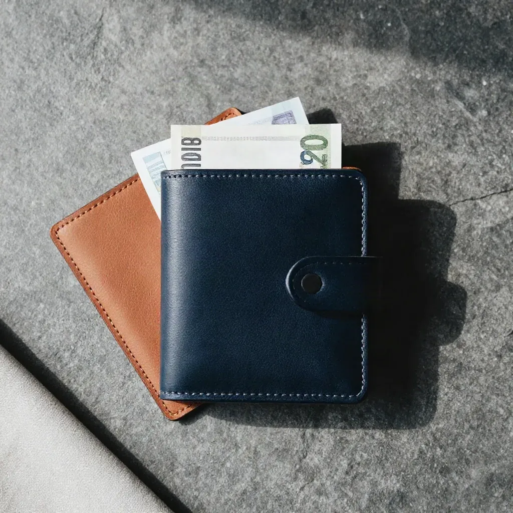 Top-down flatlay of a navy travel wallet, euro cash band, and folded travel sleeve on cool stone.