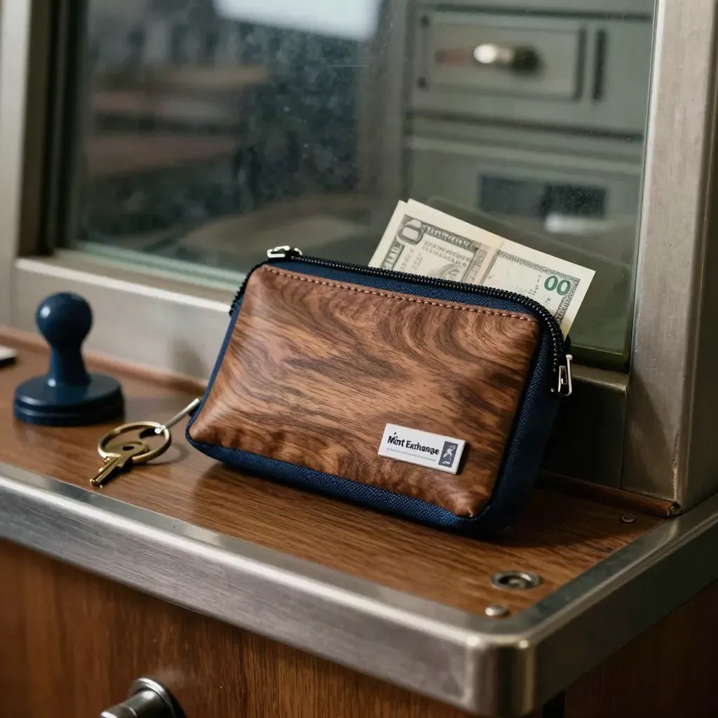 Transfer pouch, bank key ring, and rubber seal on a currency-exchange shelf