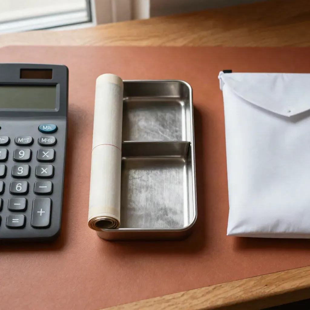 Overhead still life of calculator, coin rolls, cash tray, and transfer pouch on a terracotta desk.