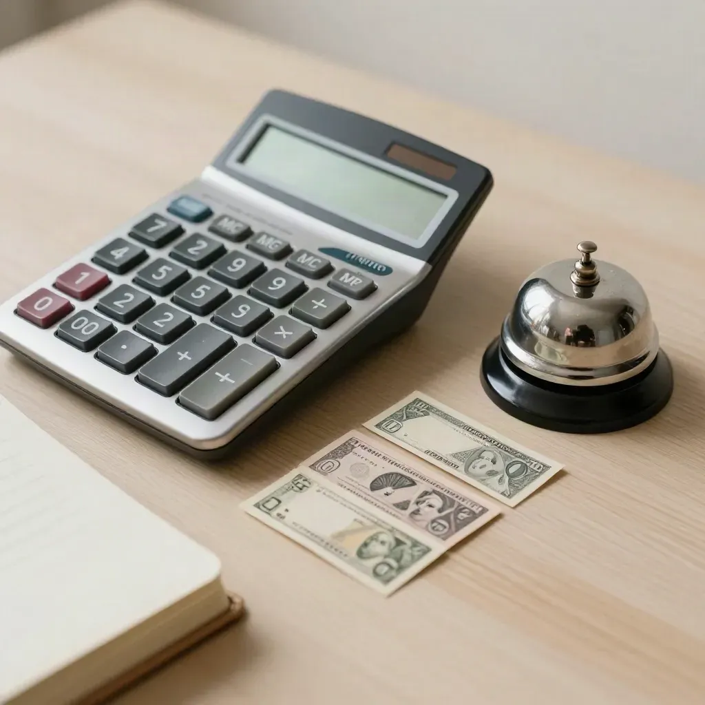 Calculator with notebook, currency bands, and bell on pale wood