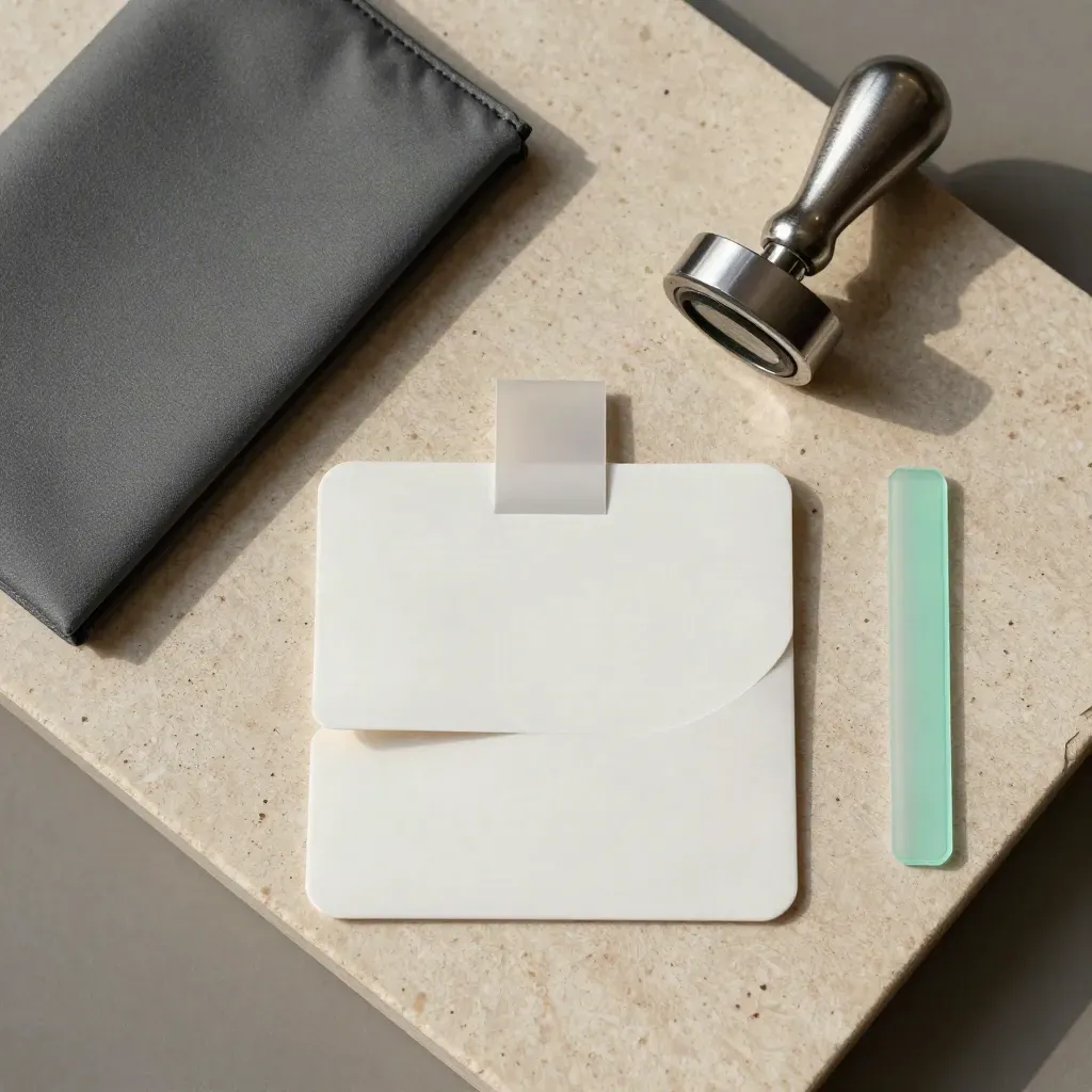 Frosted ID sleeve, transfer pouch, and metal stamp head on limestone with a mint accent.